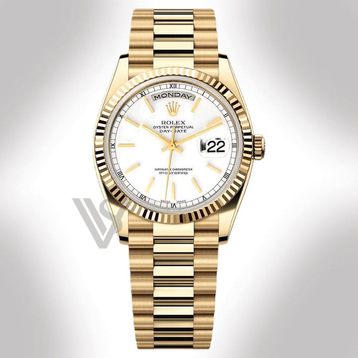 Brand New Rolex Yellow Gold Day-Date 36 Watch - Fluted Bezel - White Index Dial - Presidential Bracelet