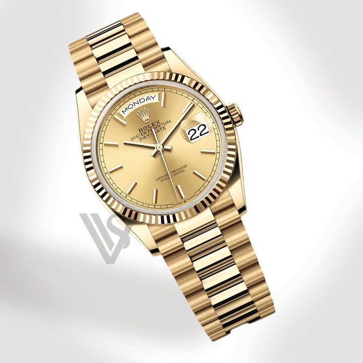 Pre Owned Rolex Yellow Gold Day-Date 36 Watch - Fluted Bezel - Champagne Index Dial - Presidential Bracelet 2022