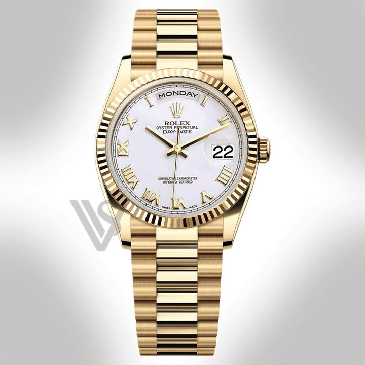 Brand New Rolex Yellow Gold Day-Date 36 Watch - Fluted Bezel - White Roman Dial - Presidential Bracelet
