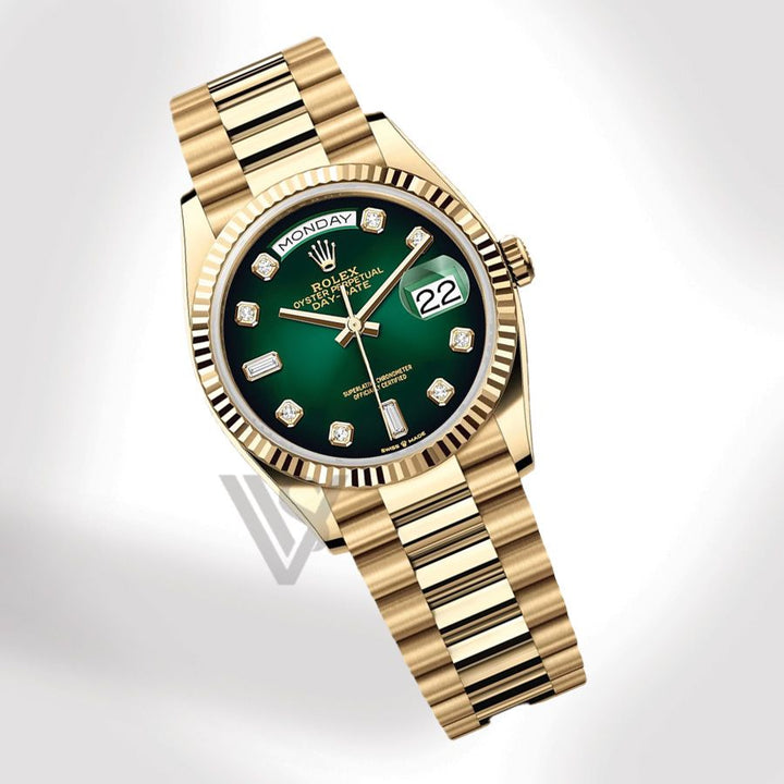 Brand New Rolex Yellow Gold Day-Date 36 Watch - Fluted Bezel - Green Ombre Baguette 6 & 9 Dial - Presidential Bracelet