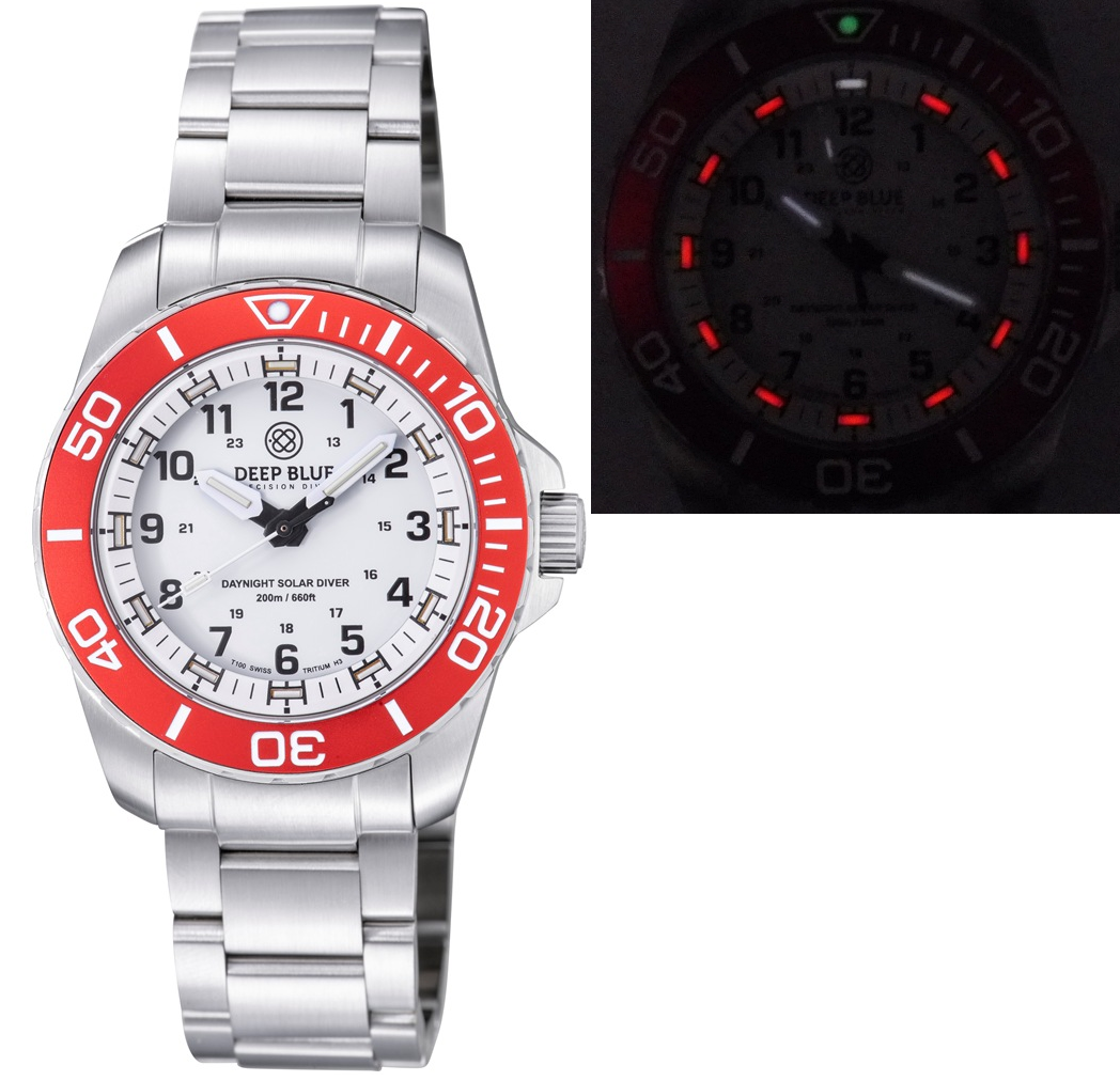 DAYNIGHT 43MM DIVER SOLAR  STAINLESS STEEL TRITIUM DAYNIGHT  RED/WHITE BEZEL –WH