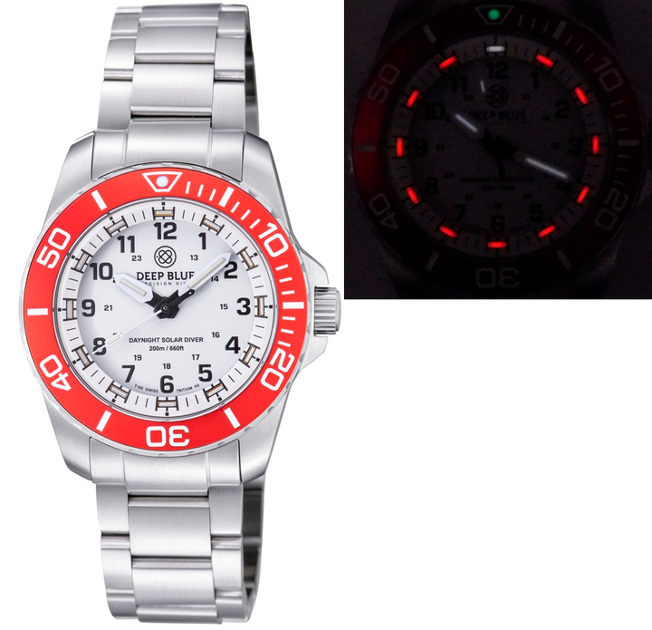 DAYNIGHT 43MM DIVER SOLAR  STAINLESS STEEL TRITIUM DAYNIGHT  RED/WHITE BEZEL –WH