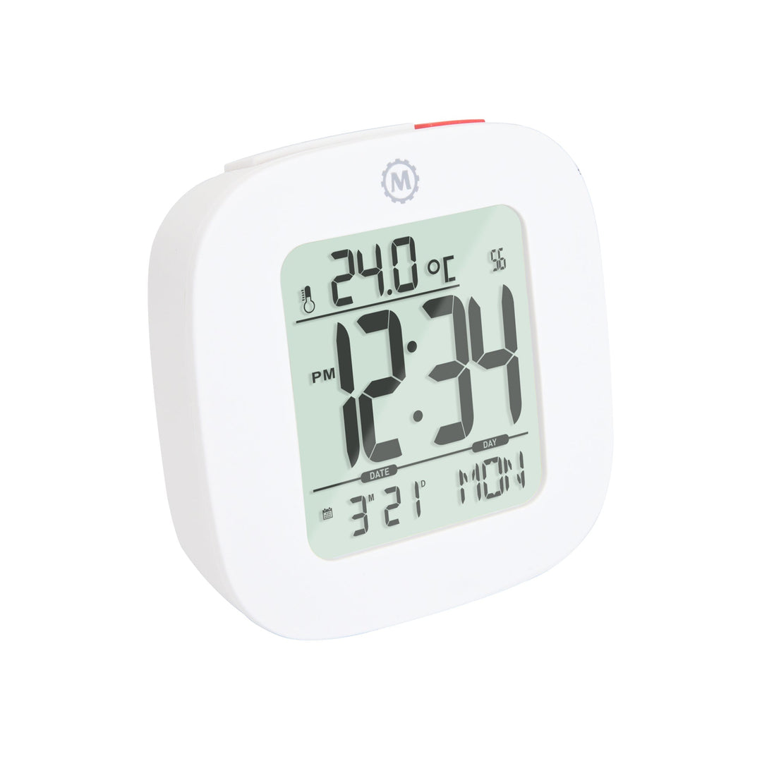 Compact Alarm Clock with Temperature and Date Clock, LCD, Alarm, Mini, White (25