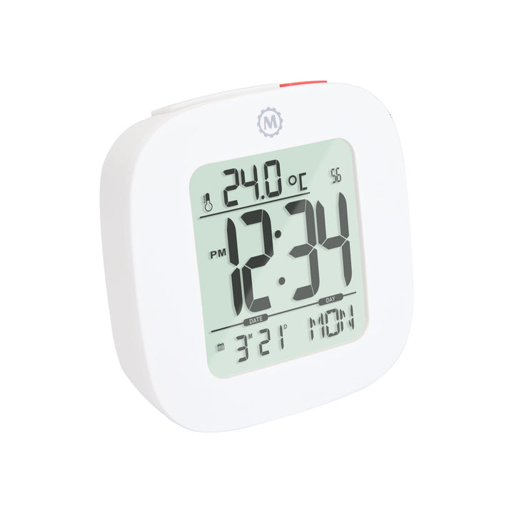 Compact Alarm Clock with Temperature and Date Clock, LCD, Alarm, Mini, White (25