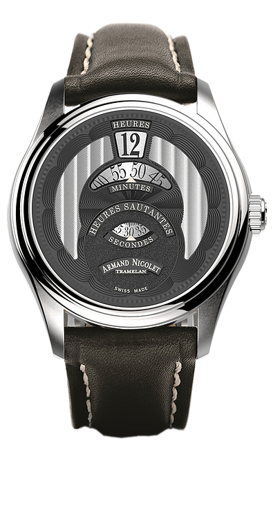 MO2-HS2 Jumping Hour Black Dial / Black Leather Strap Black-Silver Dial