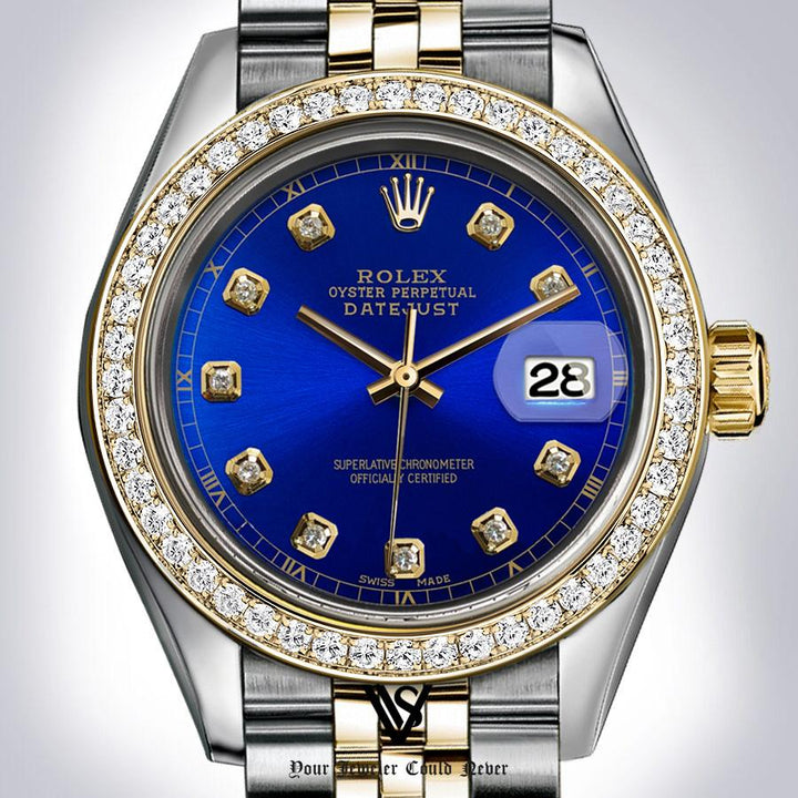 Rolex - Stainless Steel and Yellow Gold Datejust - Diamond Bezel - Royal Blue Diamond Dial Yellow Gold Roman Numeral Track - Jubilee Bracelet