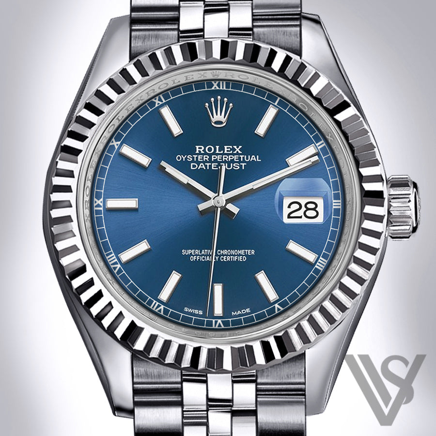 Rolex - Datejust - 36mm Blue Stick Index Dial 18K White Gold Fluted Bezel Stainless Steel Jubilee Bracelet Men's Watch