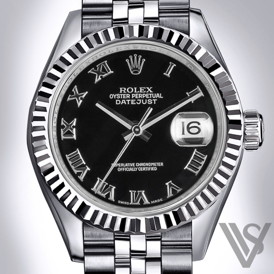Rolex - Datejust - 36mm Black Roman Dial 18K White Gold Fluted Bezel Stainless Steel Jubilee Bracelet Men's Watch