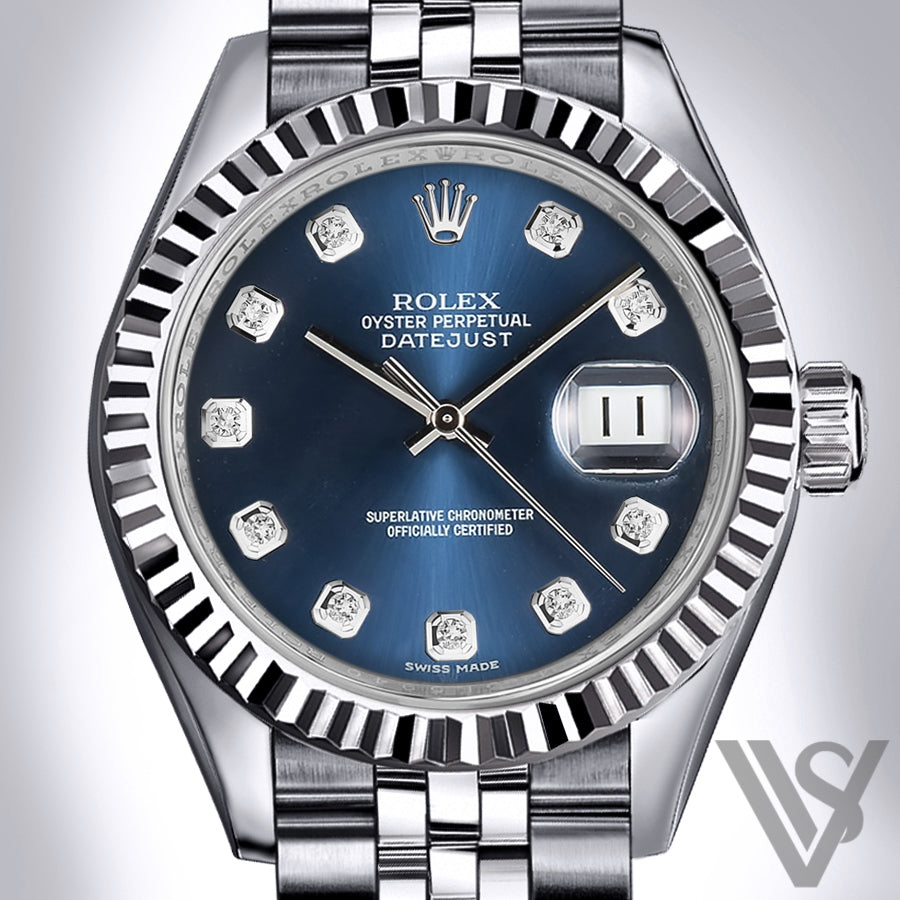 Rolex - Datejust - 36mm Blue Diamond Dial 18K White Gold Fluted Bezel Stainless Steel Jubilee Bracelet Men's Watch