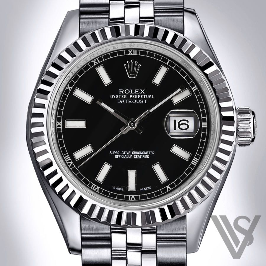 Rolex - Datejust - 36mm Black Stick Index Dial 18K White Gold Fluted Bezel Stainless Steel Jubilee Bracelet Men's Watch