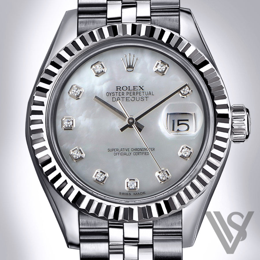 Rolex - Datejust - 36mm Mother of Pearl Diamond Dial 18K White Gold Fluted Bezel Stainless Steel Jubilee Bracelet Men's Watch