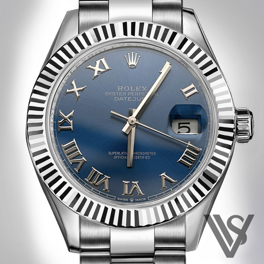 Rolex - Datejust - 41mm Blue Roman Dial 18K White Gold Fluted Bezel Stainless Steel Oyster Bracelet Men's Watch