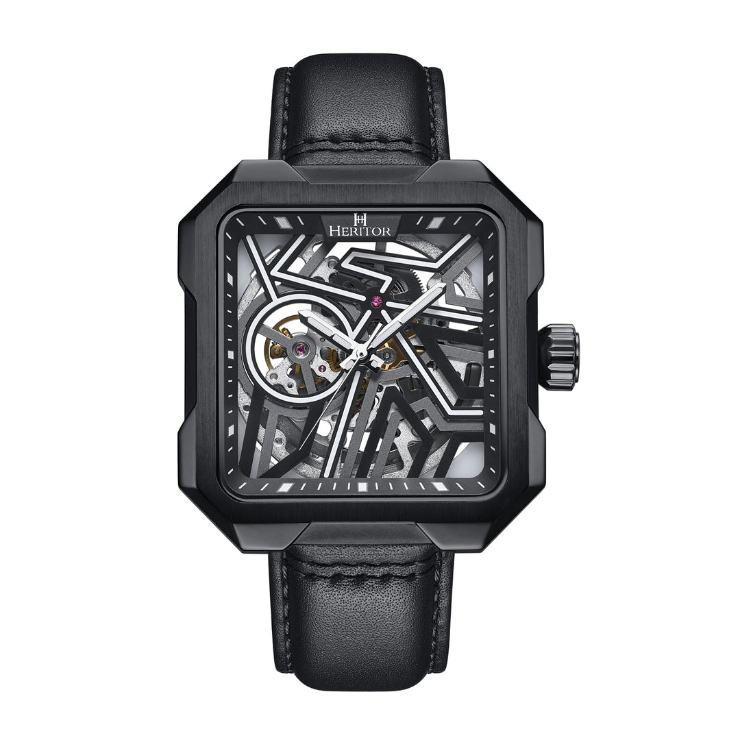 Campbell Leather-Band Skeleton Watch Black | Black Dial
