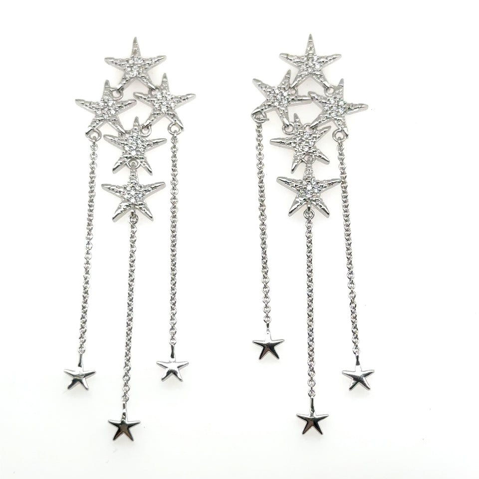 18K White Gold Dangling Star Earrings