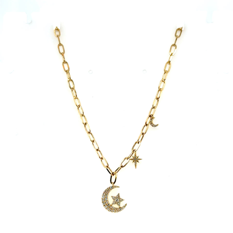 Paperclip Chain Necklace Diamond Moon and Star