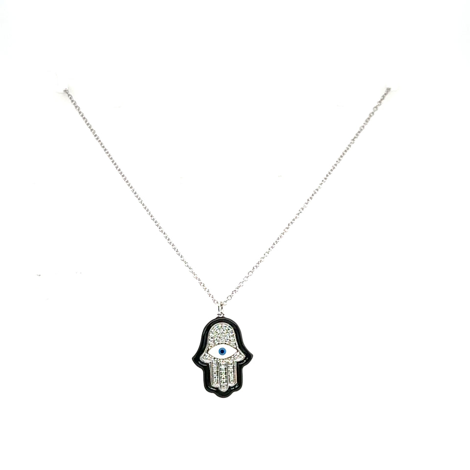 Black Enamel with Diamond Hamsa Necklace