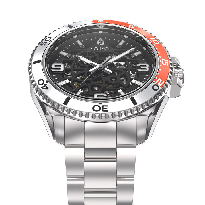 Automatic Miyota Movement Skeleton Silver/Orange | Black Dial