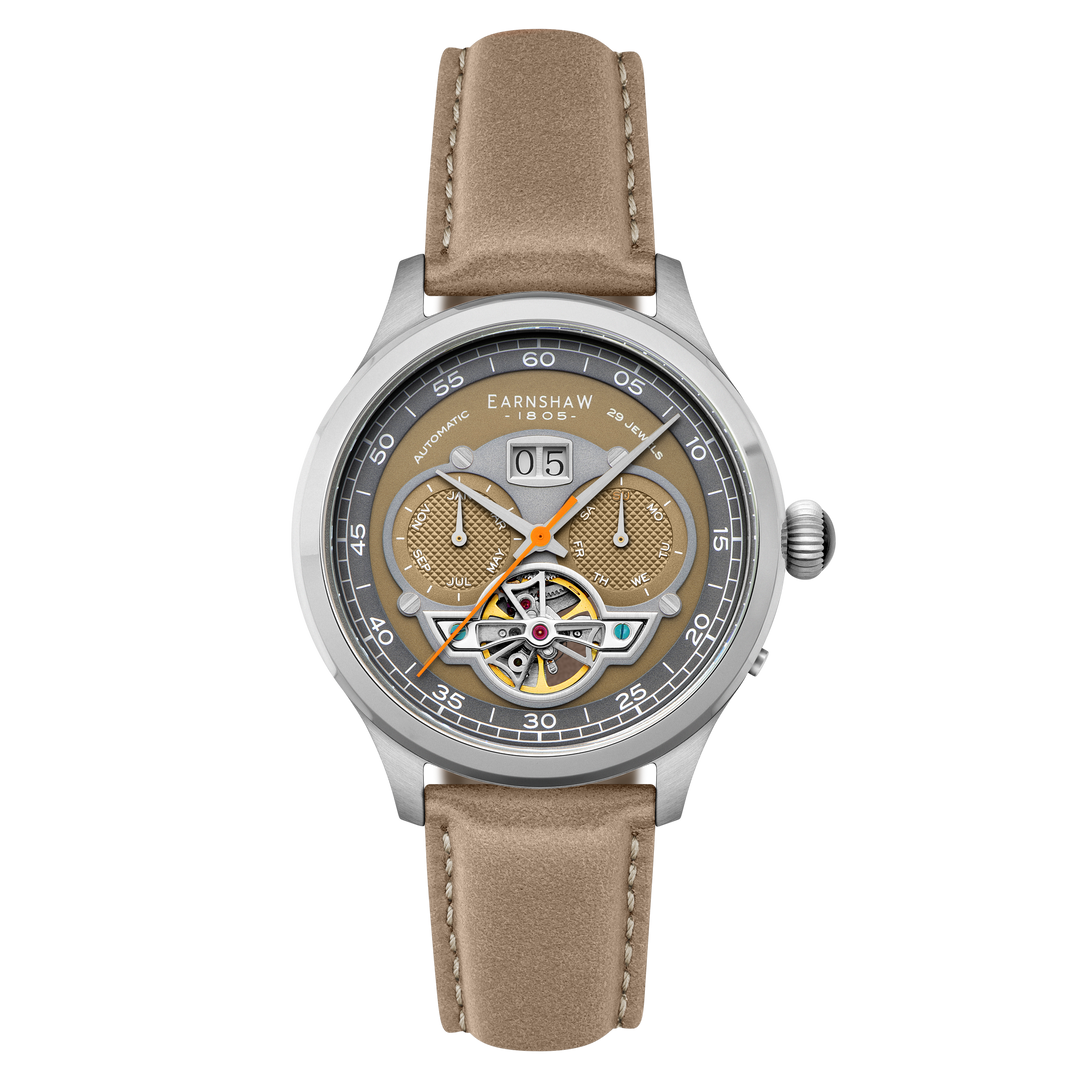 Baron Grand Date Calendar Open Heart Automatic Gray / Tan Leather | Gray Dial