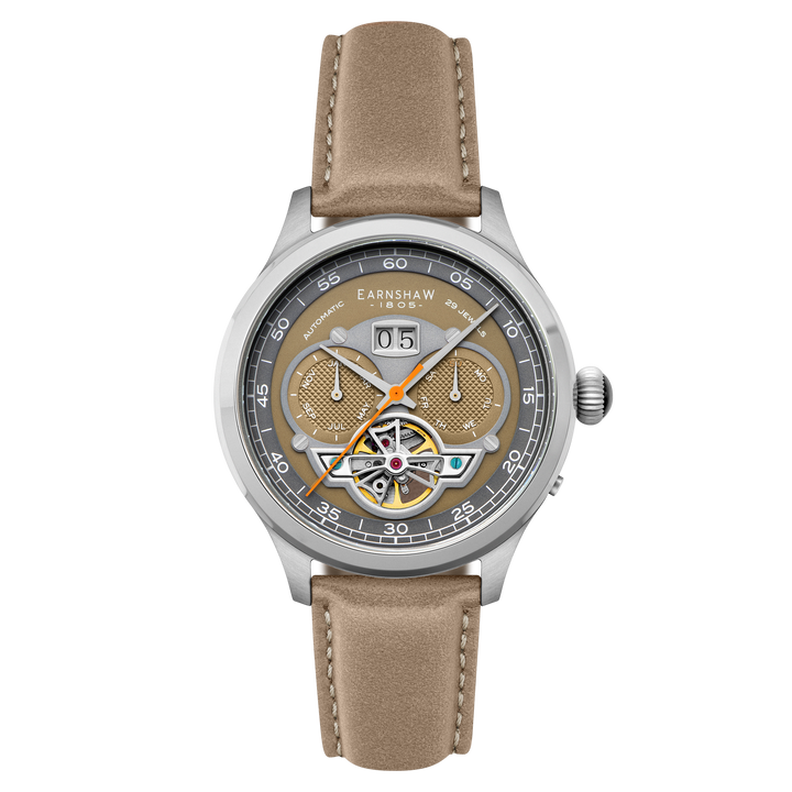 Baron Grand Date Calendar Open Heart Automatic Gray / Tan Leather | Gray Dial
