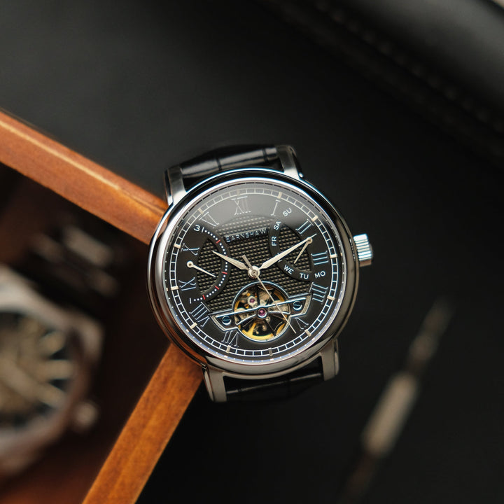 Heritage Longcase Double Retrograde Calendar Open Heart Automatic Black / Genuin