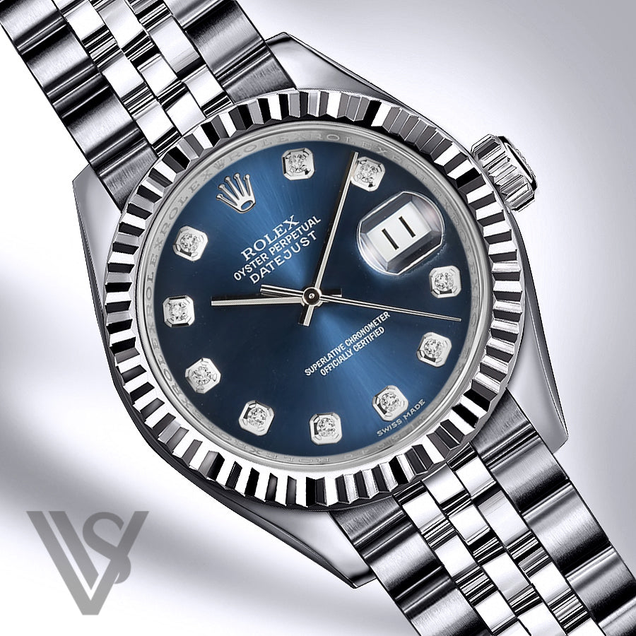Rolex - Datejust - 36mm Blue Diamond Dial 18K White Gold Fluted Bezel Stainless Steel Jubilee Bracelet Men's Watch