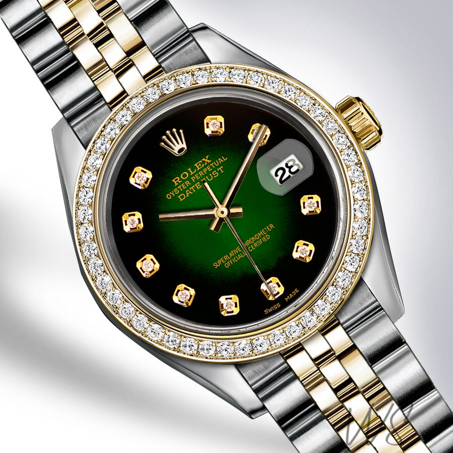 Rolex - Steel and Yellow Gold Datejust Diamond Bezel - Green Vignette Diamond Dial - Jubilee Bracelet