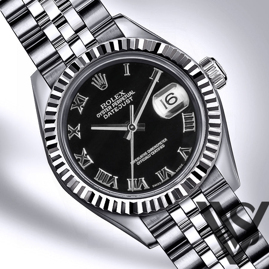 Rolex - Stainless Steel Datejust - Fluted Bezel - Black Roman Numeral Dial - Jubilee Bracelet