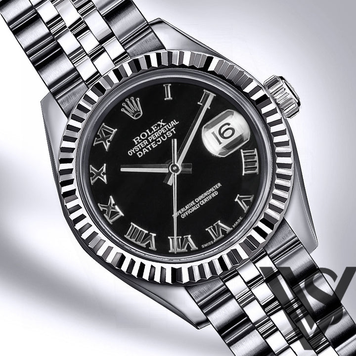 Rolex - Stainless Steel Datejust - Fluted Bezel - Black Roman Numeral Dial - Jubilee Bracelet