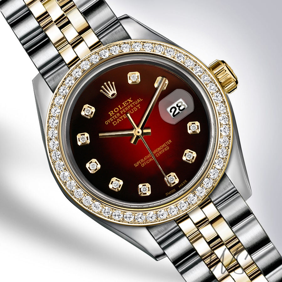 Rolex - Stainless Steel and Yellow Gold Datejust - Diamond Bezel - Black & Red Vignette Diamond Dial - Jubilee Bracelet