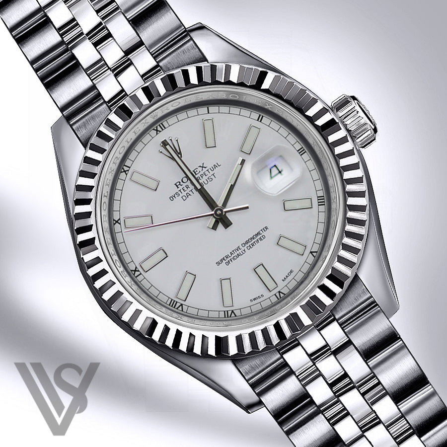 Rolex - Datejust - White Stick Index Dial 18K White Gold Fluted Bezel Stainless Steel Jubilee Bracelet Men's Watch