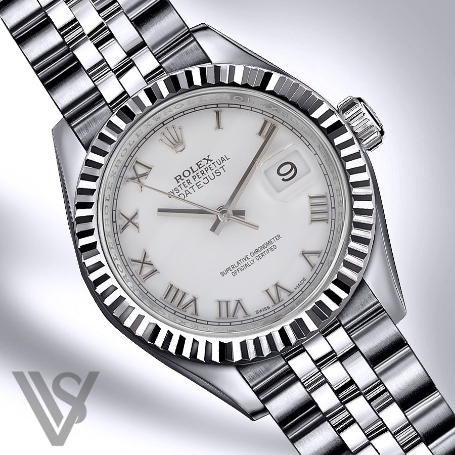 Rolex - Datejust - 36mm White Roman Dial 18K White Gold Fluted Bezel Stainless Steel Jubilee Bracelet Men's Watch