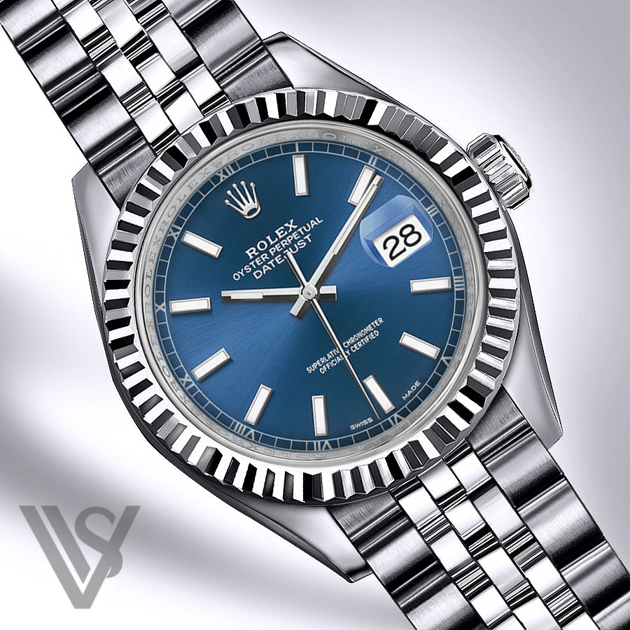 Rolex - Datejust - 36mm Blue Stick Index Dial 18K White Gold Fluted Bezel Stainless Steel Jubilee Bracelet Men's Watch