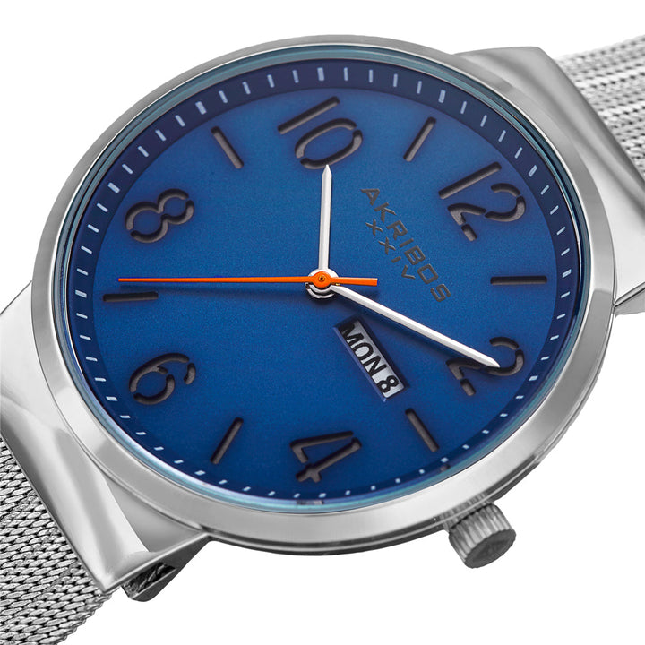 Date Silver Tone Stainless Steel Mesh Strap Watch Blue/Silver | Blue Dial