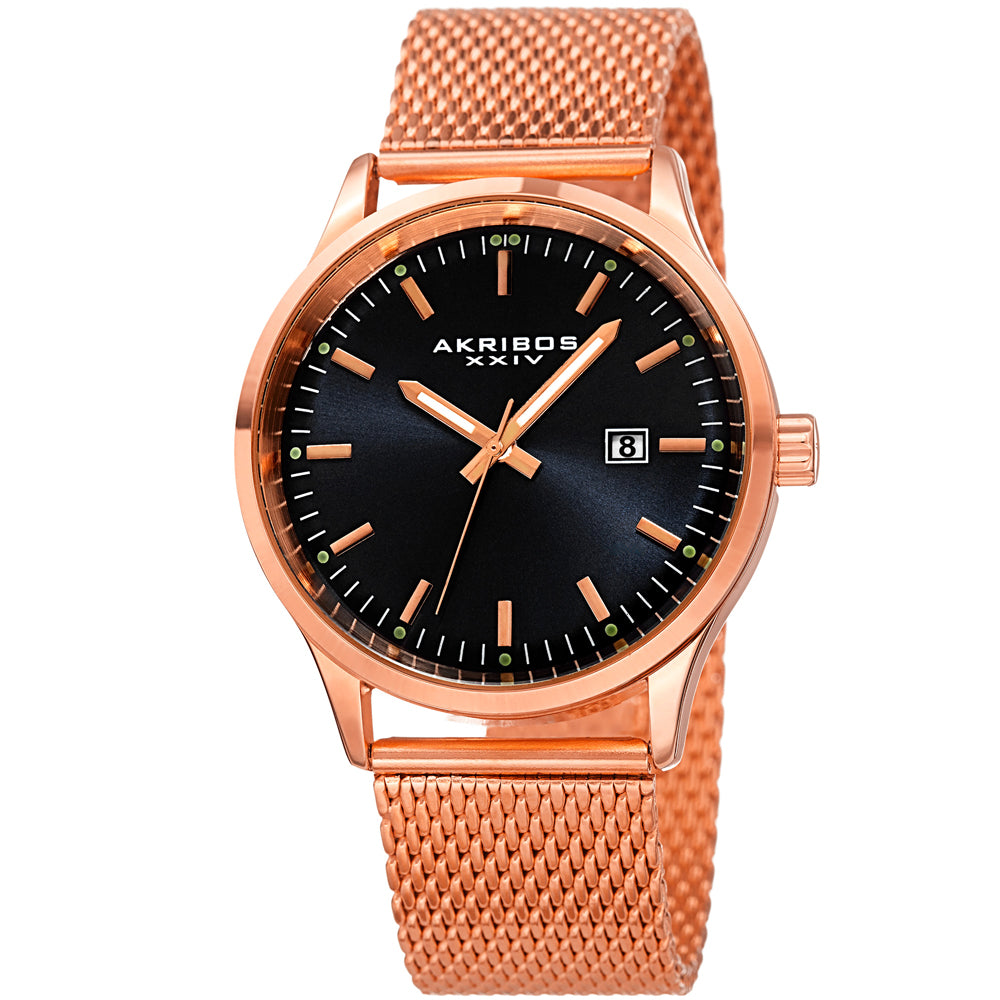 Akribos XXIV AK901RGB Date Display Mesh Bracelet Black Dial Rosetone Mens Watch 