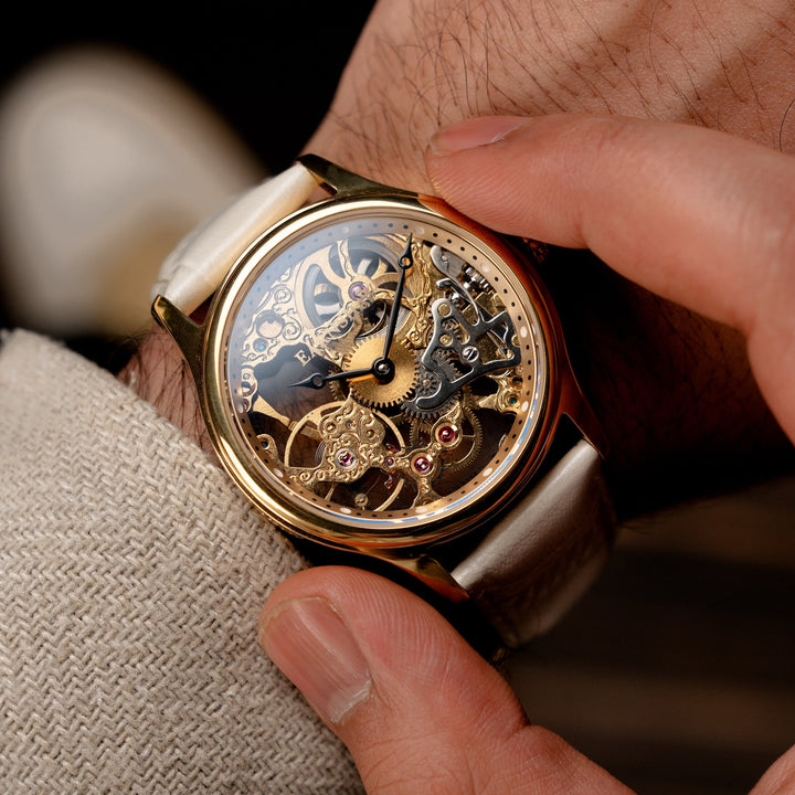 Bauer Mechanical Skeleton Gold / Genuine Leather Gold Dial