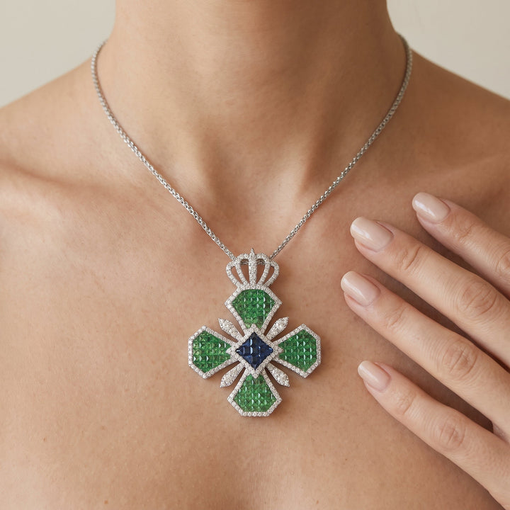 Tsavorite & Sapphire Crown Clover Pendant