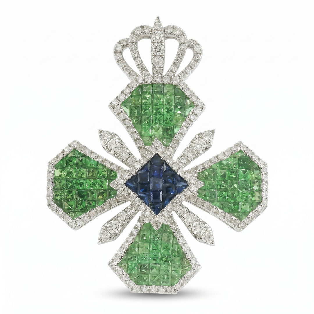 Tsavorite & Sapphire Crown Clover Pendant