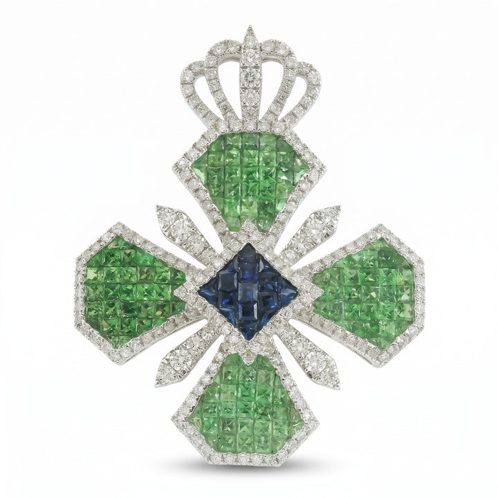 Tsavorite & Sapphire Crown Clover Pendant