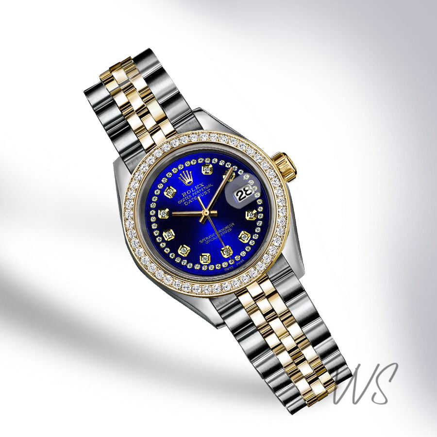 Rolex Rolex 36MM ROYAL BLUE DATEJUST STRING DIAMOND DIAL DIAMOND BEZEL TWO-TONE 18K YELLOW GOLD AND STAINLESS STEEL JUBILEE LADIES WATCH PREOWNED PRICE????
