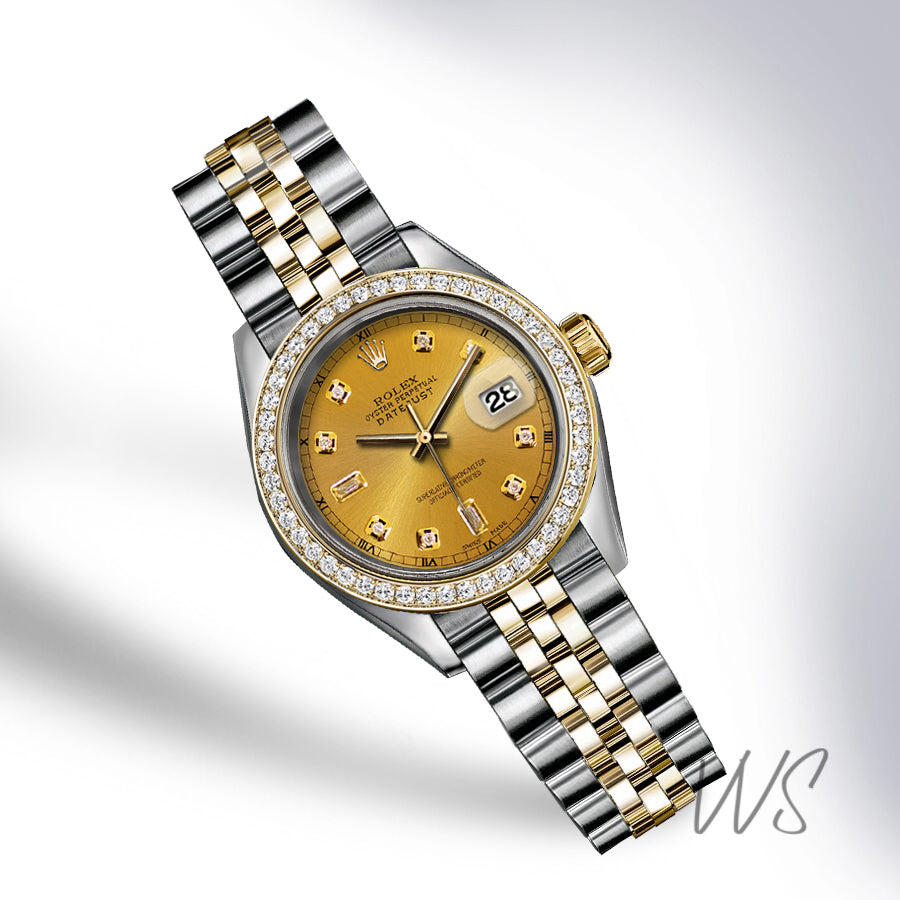 Rolex 36MM YELLOW GOLD DATEJUST 6 & 9 BAGUETTE DIAMOND DIAL DIAMOND BEZEL TWO-TONE 18K YELLOW GOLD AND STAINLESS STEEL JUBILEE LADIES WATCH PREOWNED