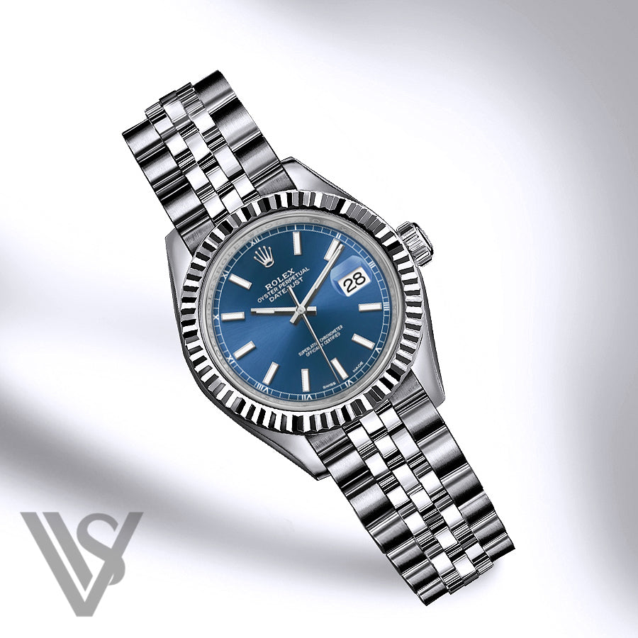 Rolex - Datejust - 36mm Blue Stick Index Dial 18K White Gold Fluted Bezel Stainless Steel Jubilee Bracelet Men's Watch