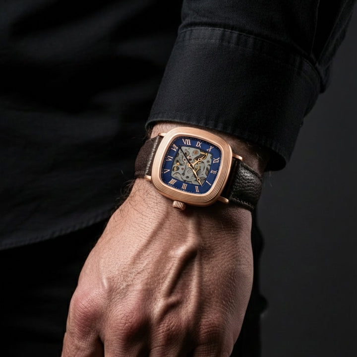 Heritage Chester Skeleton Automatic Rose Gold & Blue / Genuine Leather | Blue Di