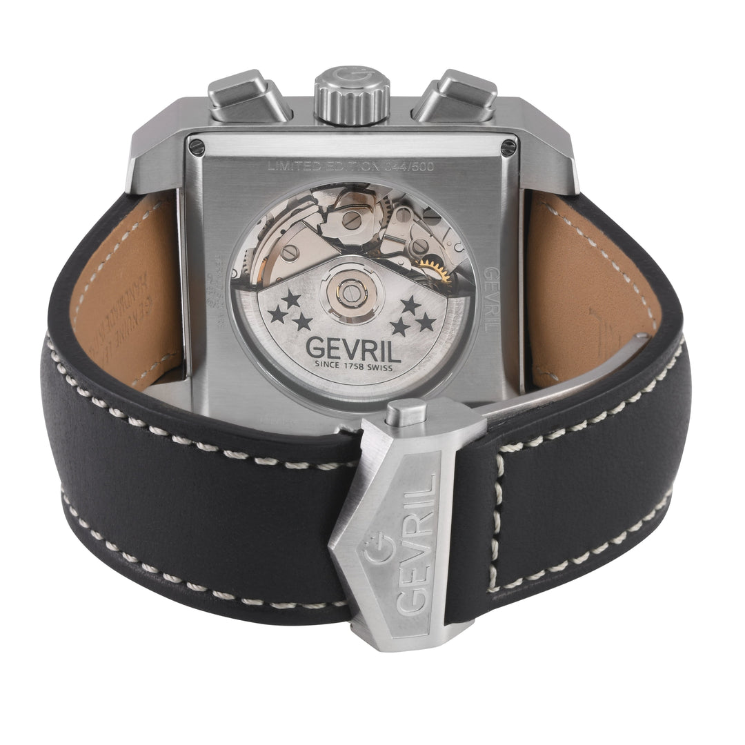 Herald Square Chronograph Gevril ETA7750 Chrono, SS Case, Black Dial, Italian Le