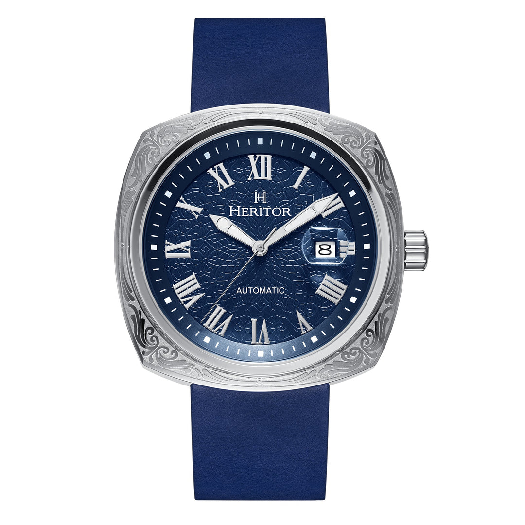 Davenport Engraved-Case Leather-Band Watch w/ Date Silver/Blue | Blue Dial