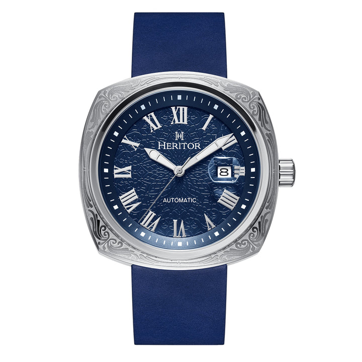 Davenport Engraved-Case Leather-Band Watch w/ Date Silver/Blue | Blue Dial