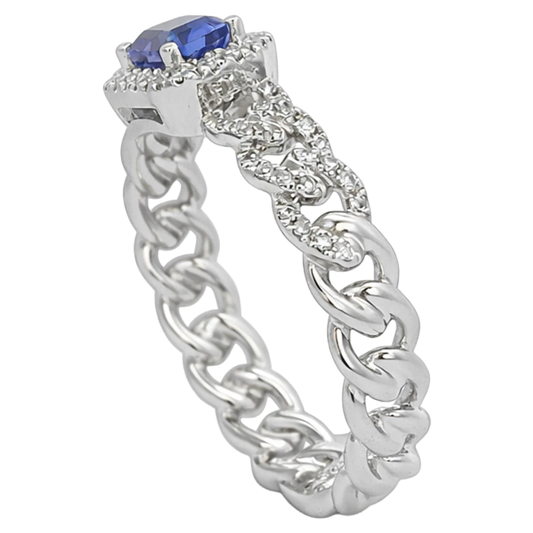 Emerald Cut Tanzanite & Diamond Halo Chain Ring