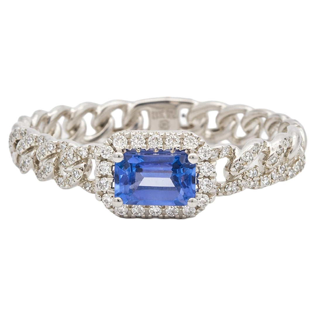 Emerald Cut Tanzanite & Diamond Halo Chain Ring