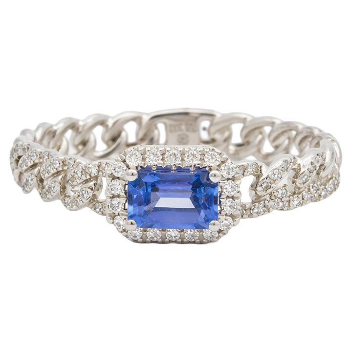Emerald Cut Tanzanite & Diamond Halo Chain Ring