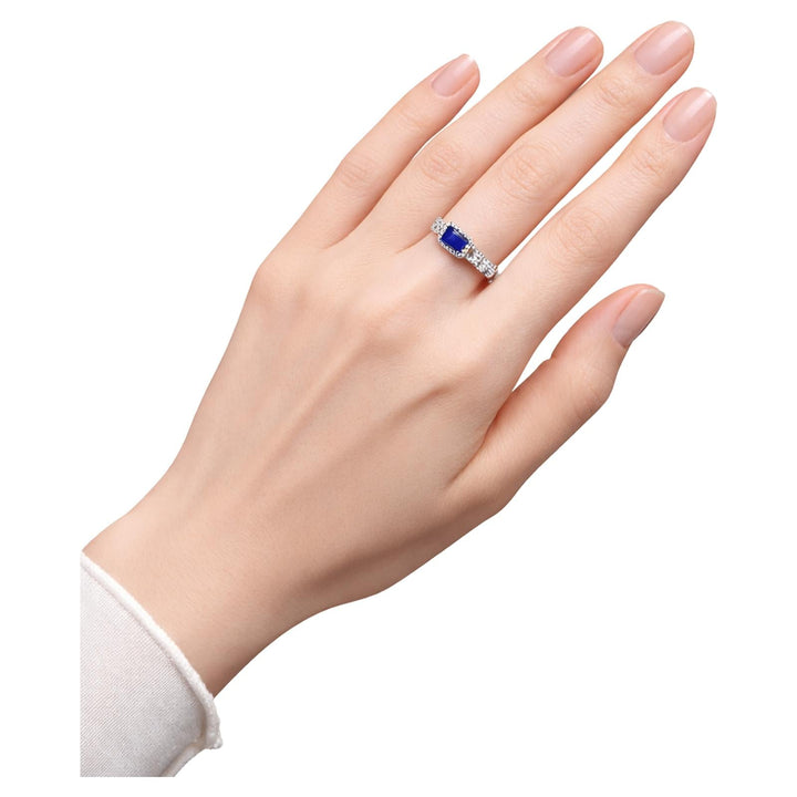 Emerald Cut Tanzanite & Diamond Halo Chain Ring