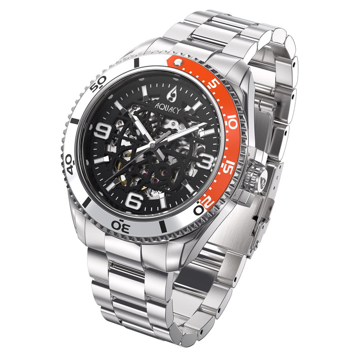 Automatic Miyota Movement Skeleton Silver/Orange | Black Dial